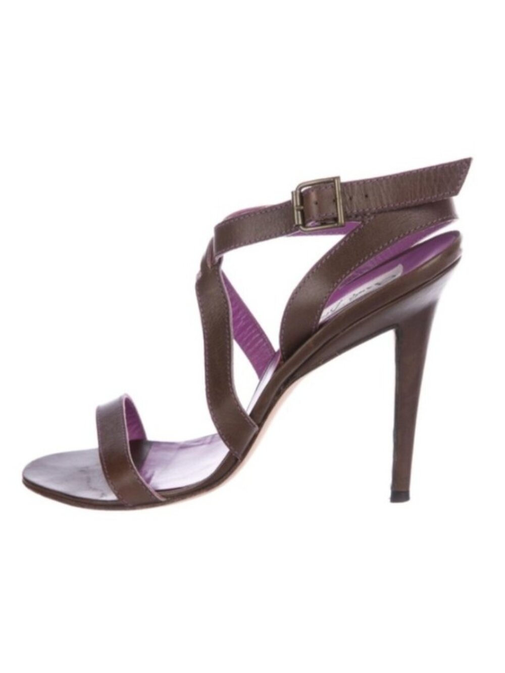 Manolo Blahnik Brown Leather Strappy Sandals Heels Purple Lining Italy EU 37.5 - Picture 5 of 14